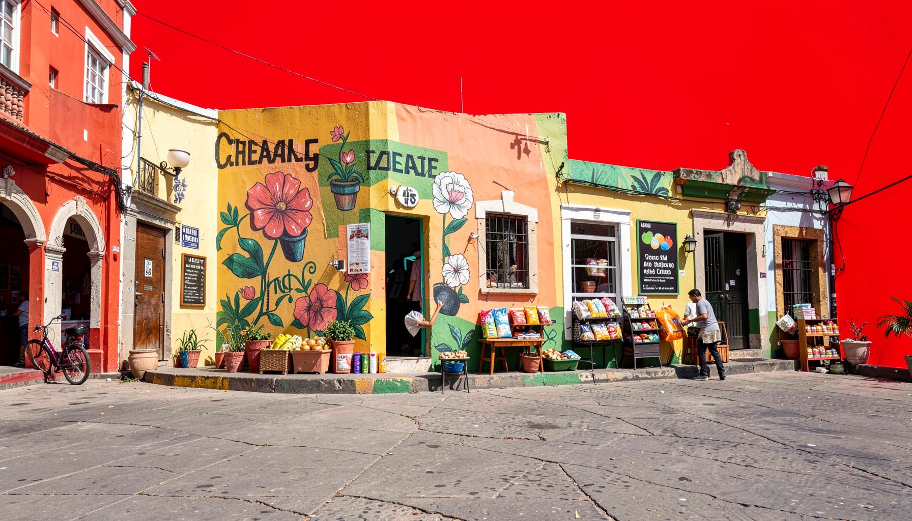 Mural colorido en una plaza municipal con productos de comercio justo, tonos tierra y verdes, ambiente comunitario y soleado