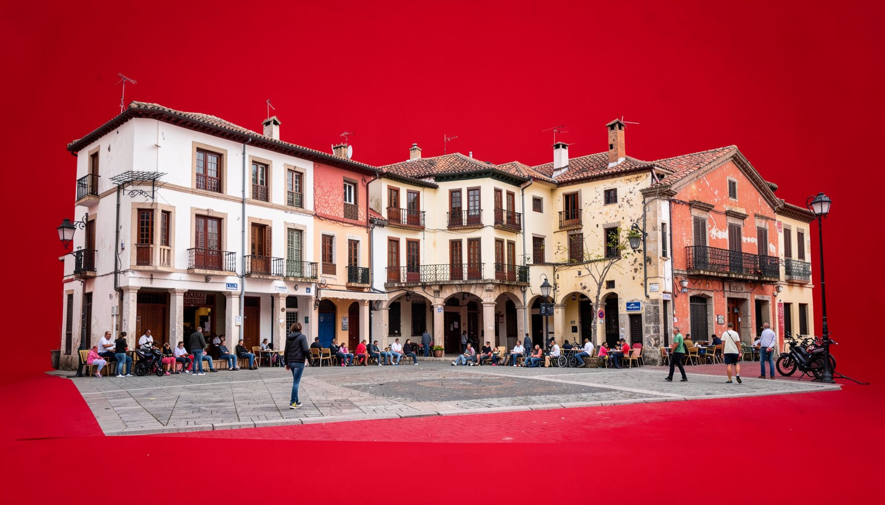 Plaza de un municipio vasco con edificios tradicionales y ambiente comunitario, bajo luz natural suave