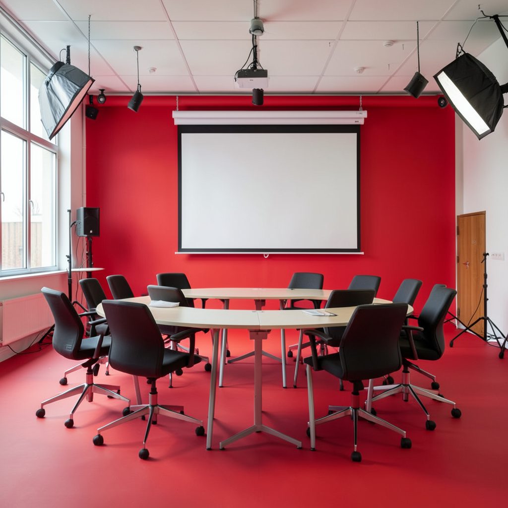 Sala de conferencias con sillas dispuestas y una pantalla de proyección, ambiente de jornada participativa con luz natural