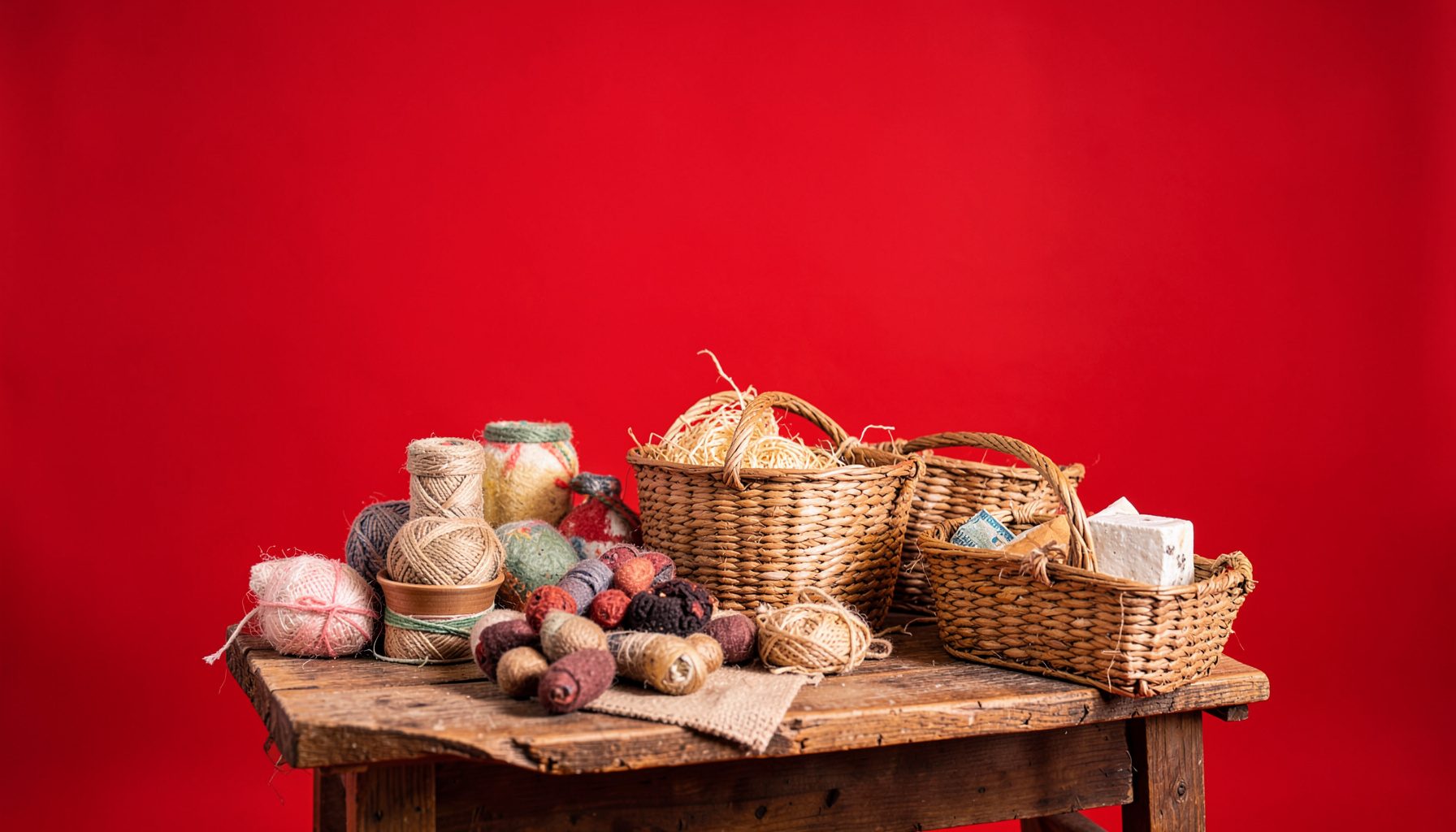 Mercado local con productos artesanales y cestas de mimbre sobre una mesa de madera, iluminado por luz natural cálida, ambiente comunitario