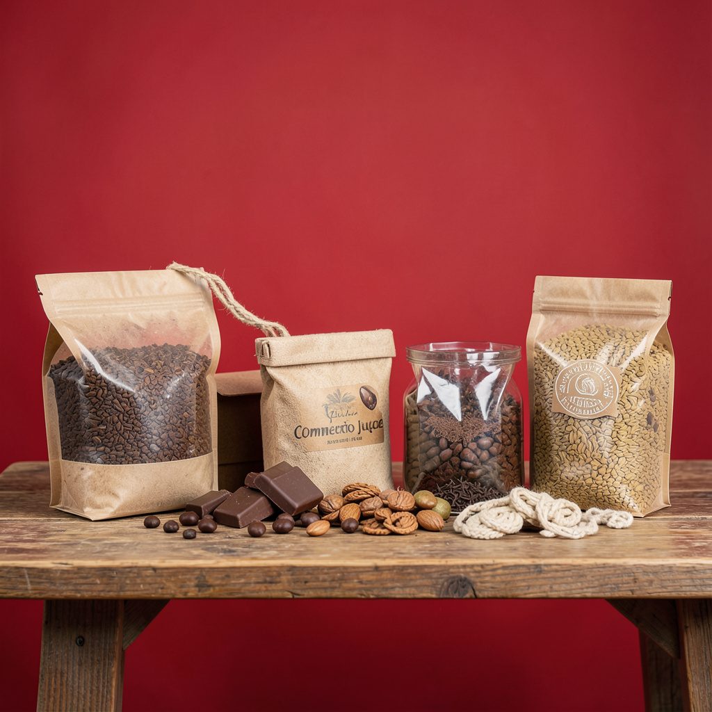 Expositor de productos de comercio justo con café, chocolate y artesanías sobre un mostrador de madera, colores tierra y texturas naturales