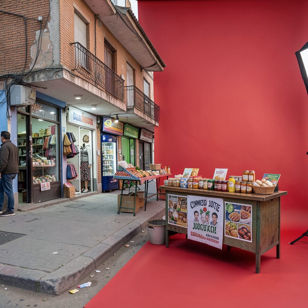 Calle comercial de barrio con tiendas y un puesto de productos locales y de comercio justo, ambiente vecinal y cercano