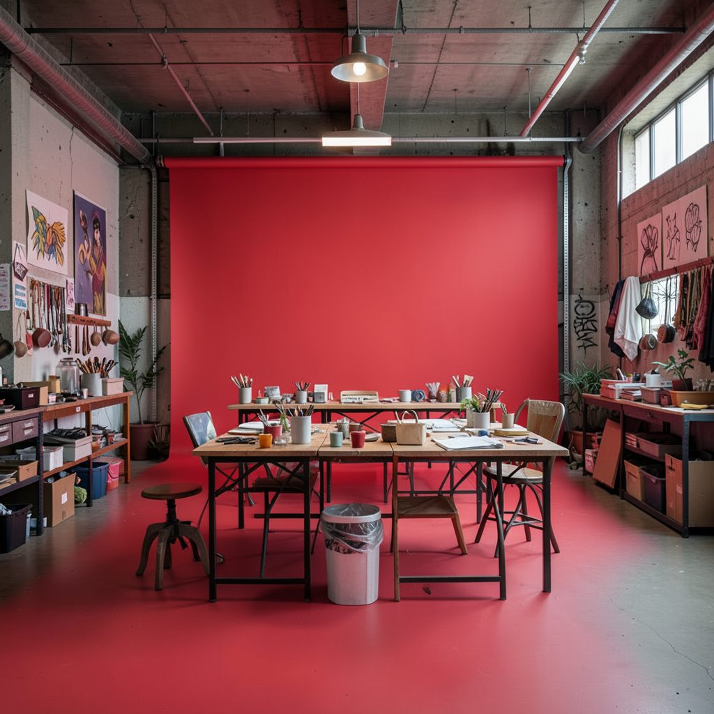 Espacio diáfano tipo almacén reconvertido con productos expuestos en mesas, ambiente creativo y alternativo con luz industrial