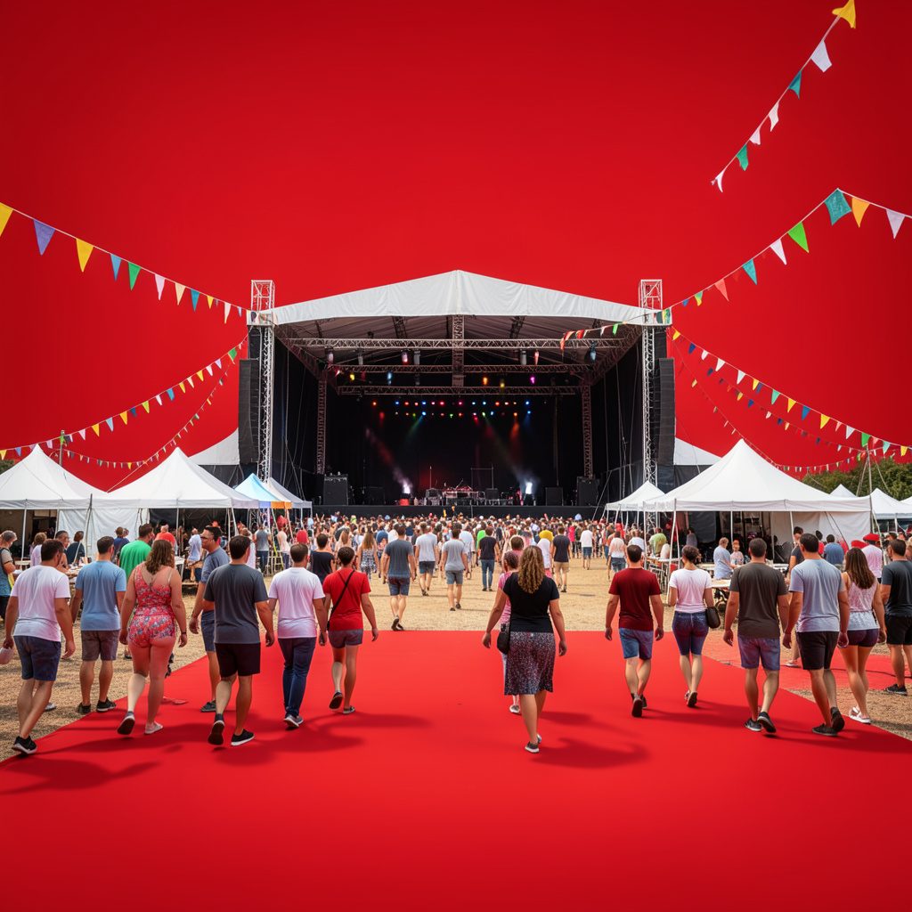 Recinto de festival al aire libre con escenario y carpas, ambiente festivo con banderines de colores y público paseando