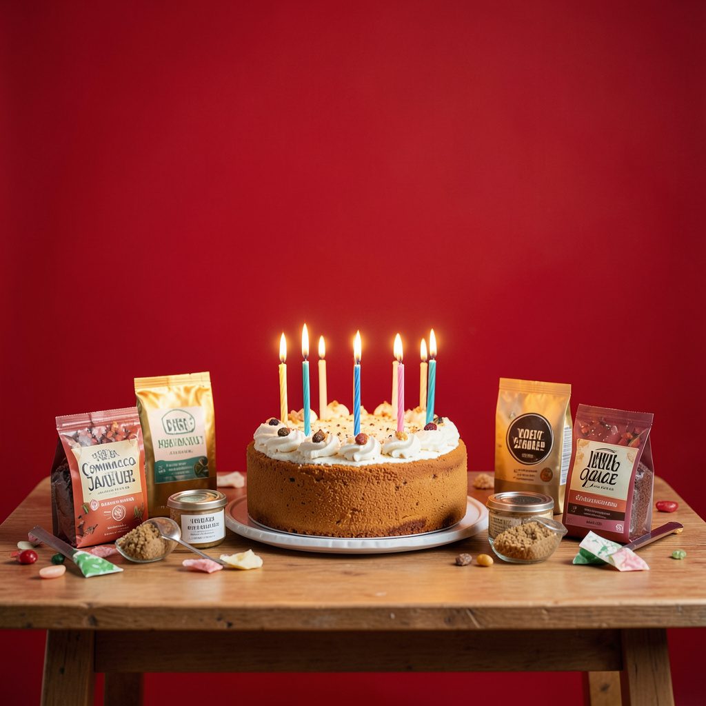 Celebración con una tarta y velas sobre una mesa rodeada de productos de comercio justo, ambiente cálido y festivo en interior