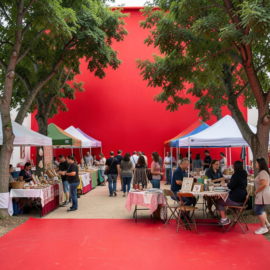 Feria al aire libre con carpas y mesas de productos artesanales, rodeada de árboles y con visitantes recorriendo los puestos