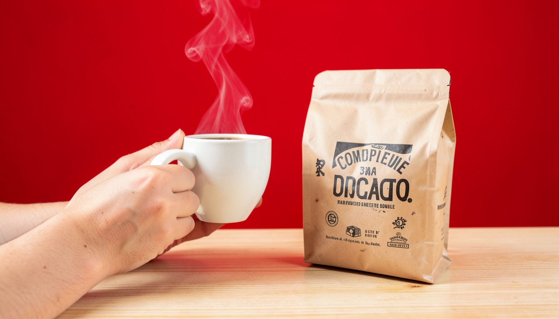 Manos sosteniendo una taza de café humeante junto a un paquete de café de comercio justo, sobre una mesa de madera clara, tonos tierra y crema