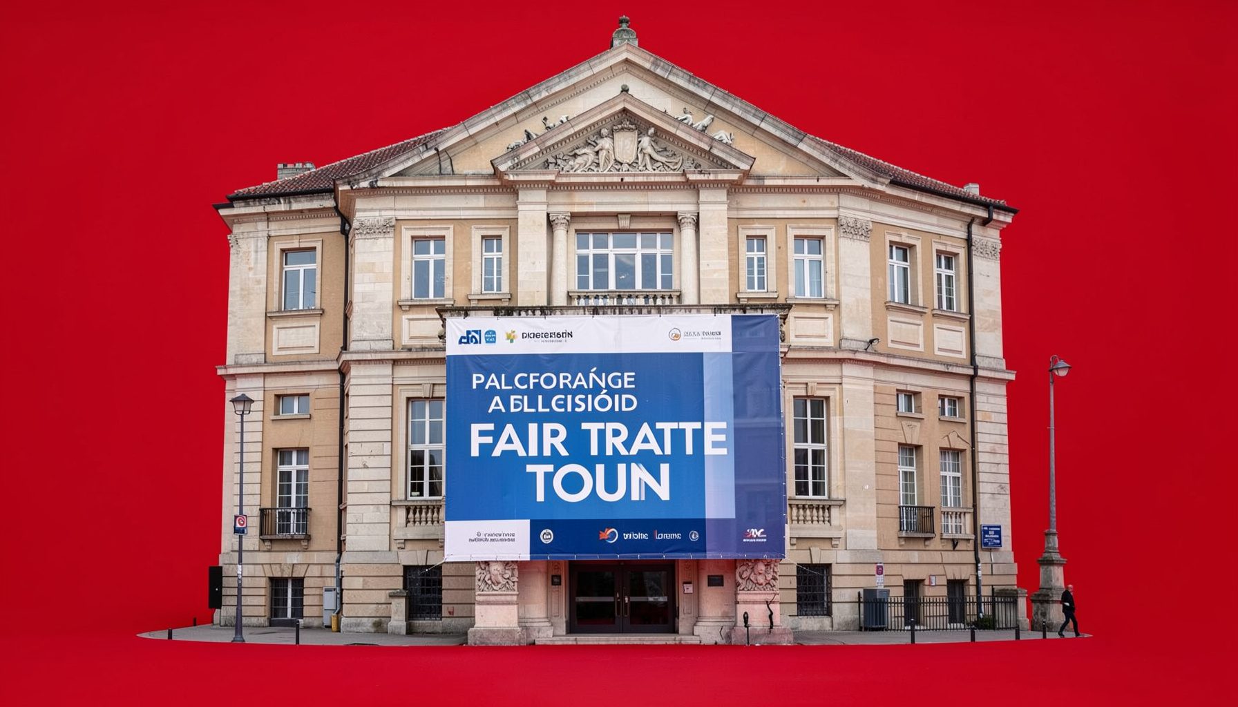 Fachada de un ayuntamiento europeo con una pancarta que anuncia su adhesión al programa Fair Trade Town, en tonos institucionales sobrios