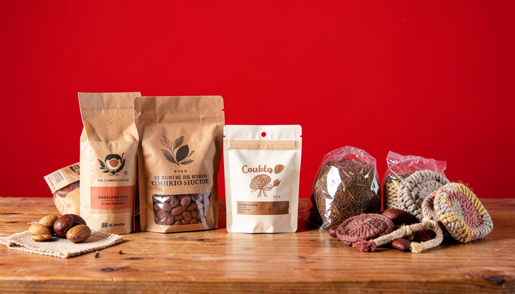 Fotografía de un mostrador con productos de comercio justo — café, cacao y artesanías — sobre una superficie de madera cálida, iluminación natural suave